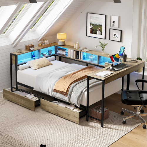 Corner Bed Frame Twin Size with Bookcase and 2 Underbed Storage Drawers, Modern Twin Bed with LED Light and Charging Station, Grey - MDF+Metal - American Design - Bedroom - Box Spring Not Required - Metal