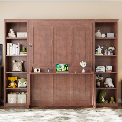 Queen Size Murphy Bed with Desk and Bookshelf, Dark Brown - Solid Wood+MDF - Bedroom - Box Spring Not Required - Wood