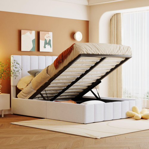 Full size Upholstered Platform bed with a Hydraulic Storage System - White(OLD SKU: LP000111AAK) - Not Specified