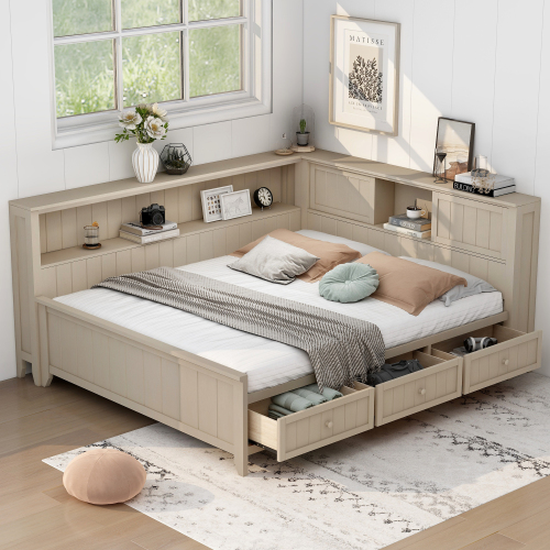 Full Size Wood Daybed with Storage Shelves and 3 Drawers, Antique White Milk - Solid Wood+MDF - Bed Frame - Box Spring Not Required