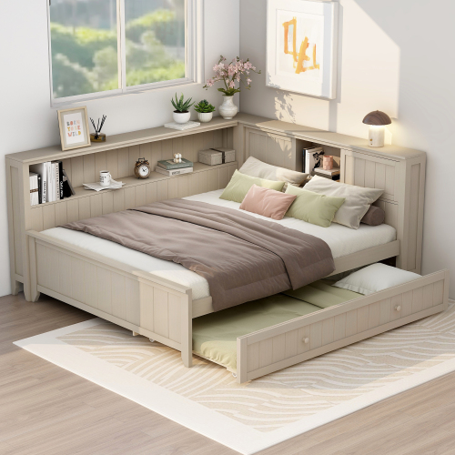 Full Size Wood Daybed with Storage Shelves and Trundle, Antique White Milk - Ancient White - Solid Wood+MDF - Not Specified - Box Spring Not Required - Not Specified