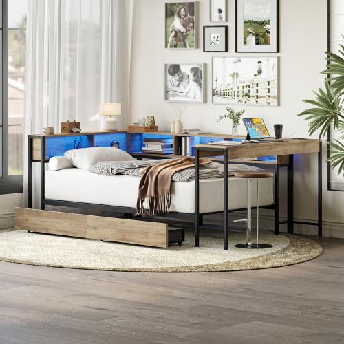 Corner Bed Frame Full Size with Bookcase and 2 Underbed Storage Drawers, Modern Full Bed with LED Light and Charging Station, Modern Daybed ,Left and right interchangeable, Grey - Metal - MDF+Metal - Not Specified - Bedroom - Box Spring Not Required - Metal - Not Specified - Gray