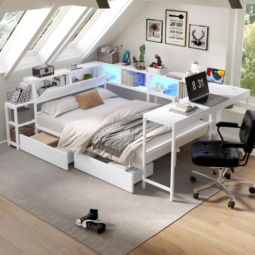Corner Bed Frame Queen Size with Bookcase and 2 Underbed Storage Drawers, Modern Bed with LED Light and Charging Station, Left and right interchangeable, White - Metal - MDF+Metal - American Design - Bedroom - Box Spring Not Required - Metal - Not Specified