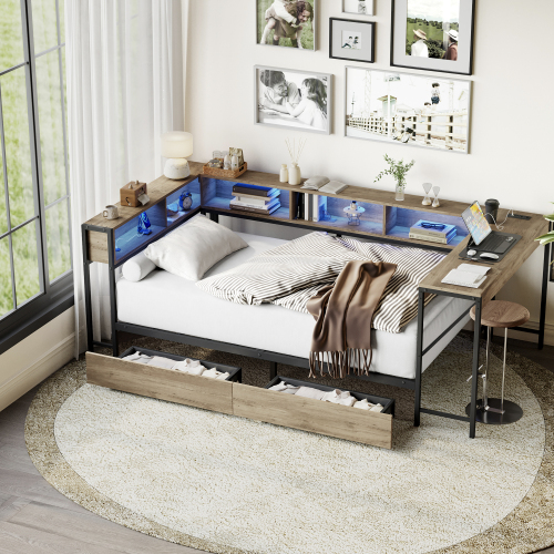 Corner Bed Frame Queen Size with Bookcase and 2 Underbed Storage Drawers, Modern Queen Bed with LED Light and Charging Station, Modern Daybed , Grey - Metal - MDF+Metal - American Design - Bedroom - Box Spring Not Required - Metal - Not Specified