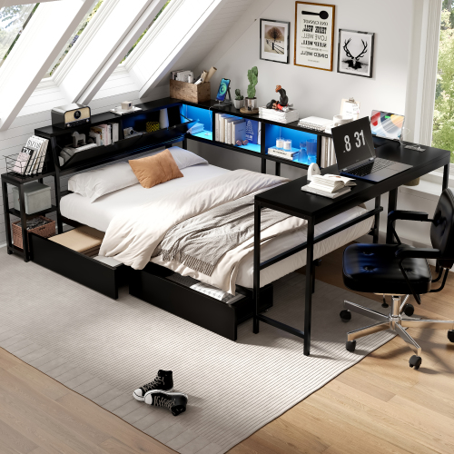 Corner Bed Frame Full Size with Bookcase and 2 Underbed Storage Drawers, Modern Full Bed with LED Light and Charging Station, Black - Metal - Metal - Not Specified - Not Specified - Not Specified - Not Specified - Not Specified - Not Specified - Not Specified