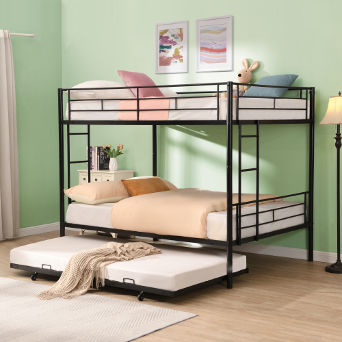 Full Over Full with trundle Metal Bunk Bed , No Box Spring Needed, Easy Assemble - Black - Not Specified - Not Specified