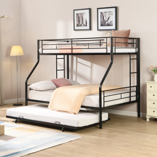 Twin Over Full with trundle Metal Bunk Bed , No Box Spring Needed, Easy Assemble - Black - Not Specified - Not Specified - Black - Metal - Metal - Not Specified - Not Specified