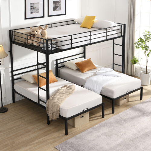 Full Over Twin Over Twin Bunk Bed ,Triple Bunk Bed With a vertical ladder, Metal Frame Bunk Bed with Safety Rail, Full Over Twin Over Twin Triple Bunk - Black - Not Specified - Not Specified