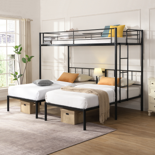 Twin Over Twin Over Twin Bunk Bed ,Triple Bunk Bed With a vertical ladder, Metal Frame Bunk Bed with Safety Rail, Twin Over Twin Over Twin Triple Bunk - Black - Not Specified - Not Specified