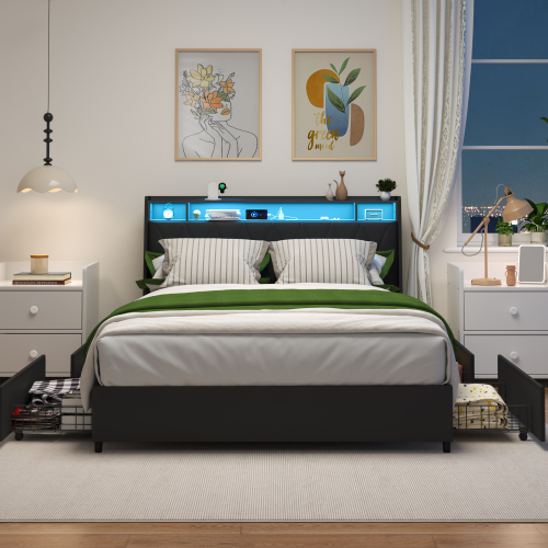 Full Size Bed Frame with Ergonomic Headboard, Full Platform Bed Frame with Outlets & Charger & LED Light, Full Bed Frame with Storage Shelf, Bed Frame Full Size, Noise-Free, No Box Spring Needed - Black - Leather,Metal & Wood - Bedroom - Box Spring Not Required - Engineered Hardwood - Metal - Faux Leather - Black - Not Specified