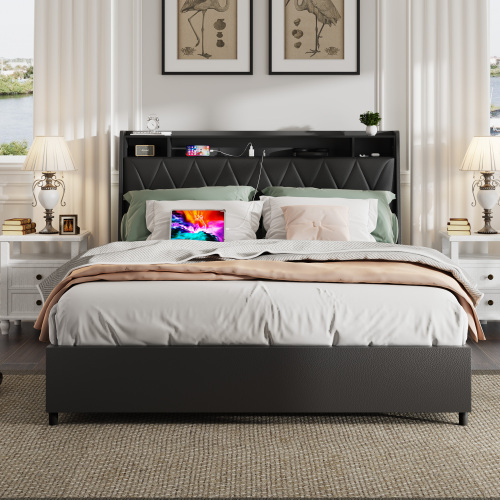 Queen Bed Frame with Ergonomic Headboard, Platform Bed Frame Queen Size with Outlets & Charger, Metal Bed Frame Queen Size with Storage Shelf, Noise-Free, No Box Spring Needed - Black - Metal & Wood - Bedroom - Box Spring Not Required - Engineered Hardwood - Faux Leather