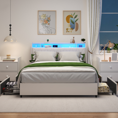 Queen Bed Frame with Ergonomic Headboard, Platform Bed Frame Queen Size with Outlets & Charger & LED Light, Metal Bed Frame Queen Size with Storage Shelf, Noise-Free, No Box Spring Needed - White - Leather,Metal & Wood - Bedroom - Box Spring Not Required - Engineered Hardwood - White - Faux Leather