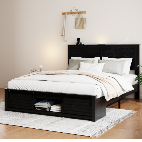 Queen Bed Frame with Upholstered Headboard and Wood Platform,Storage Headboard with Charging Station and LED, Bed Frame with Pet Bed,No Noise, No Box Spring Needed,Easy Assembly,Antique Black - MDF+Metal - Modern - Bedroom - Box Spring Not Required - Metal - Metal - MDF - Not Specified