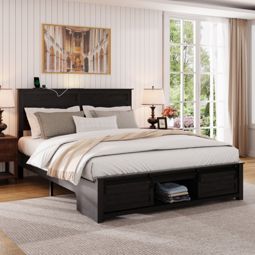 Full Bed Frame with Upholstered Headboard and Wood Platform,Storage Headboard with Charging Station and LED, Bed Frame with Pet Bed,No Noise, No Box Spring Needed,Easy Assembly,Antique Black - Marble+Metal - Modern - Bedroom - Box Spring Not Required - Not Specified - Metal - Marble - Not Specified