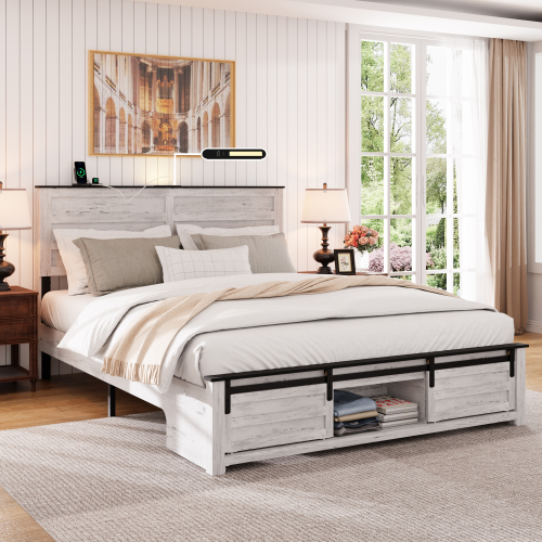 Full Bed Frame with Upholstered Headboard and Wood Platform,Storage Headboard with Charging Station and LED, Bed Frame with Pet Bed,No Noise, No Box Spring Needed,Easy Assembly,Antique White - Wood+Metal - Modern - Bedroom - Box Spring Not Required - Metal - Metal - Brown