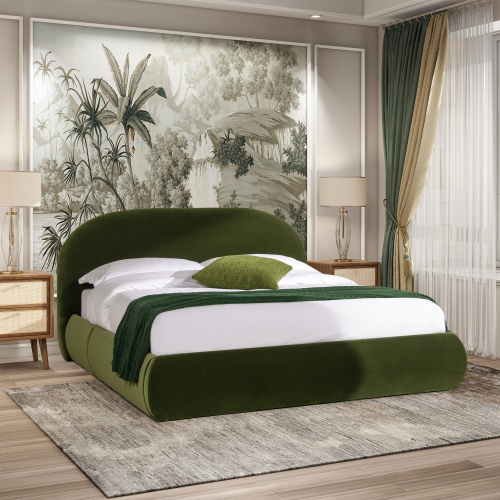 Archie Puffy Grounded Upholstered Platform Bed, Olive Green Performance Velvet - Foam - Queen - Box Spring Not Required - Wood - Queen
