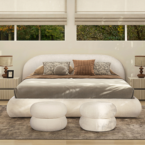 Archie Puffy Grounded Upholstered Platform Bed, King, Almond White - Chenille - Not Specified - Not Specified - Not Specified - Not Specified - Not Specified - Chenille