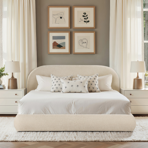 Archie Puffy Grounded Upholstered Platform Bed Oatmeal Light Beige Chenille - Not Specified - Not Specified - Not Specified - Not Specified - Not Specified - King - Not Specified