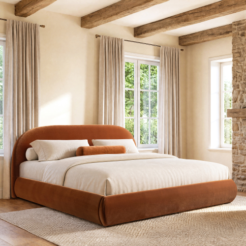 Archie Puffy Grounded Upholstered Platform Bed, King, Burnt Orange - Velvet - Not Specified - Not Specified - Not Specified - Not Specified - Not Specified - Not Specified