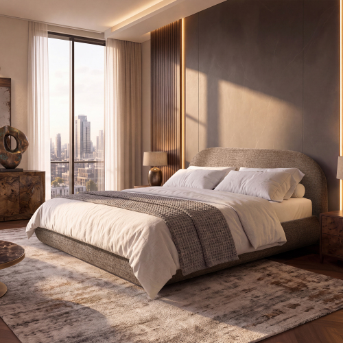 Archie Puffy Grounded Upholstered Platform Bed, King, Taupe Brown Chenille - Foam - Not Specified - Not Specified - Not Specified - Not Specified