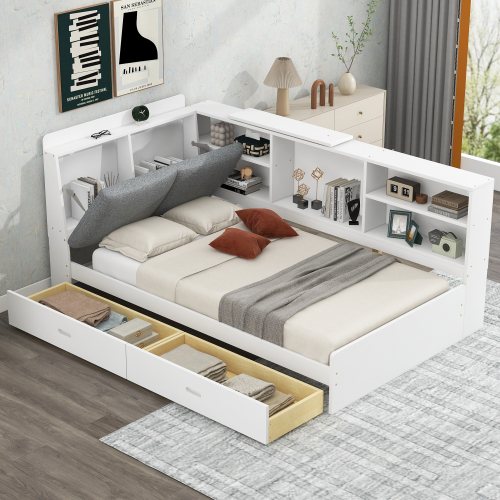 Wood Twin Size platform bed with Storage Headboard, Shelves and 2 Drawers, White - Solid Wood+MDF - Bedroom - Bed Frame - Box Spring Not Required