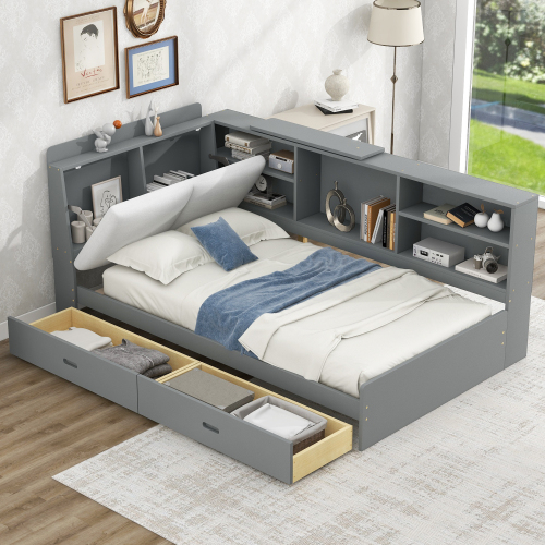 Wood Twin Size platform bed with Storage Headboard, Shelves and 2 Drawers, Gray - Solid Wood+MDF - Bedroom - Bed Frame - Box Spring Not Required