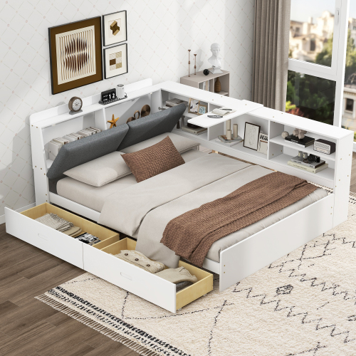 Wood Full Size platform bed with Storage Headboard, Shelves and 2 Drawers, White - Solid Wood+MDF - Bedroom - Bed Frame - Box Spring Not Required