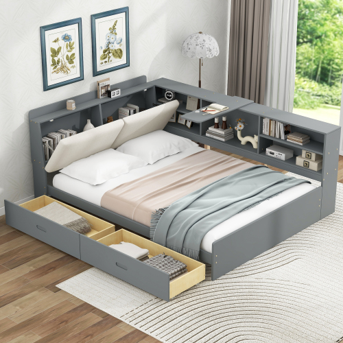 Wood Full Size platform bed with Storage Headboard, Shelves and 2 Drawers, Gray - Solid Wood+MDF - Bedroom - Bed Frame - Box Spring Not Required