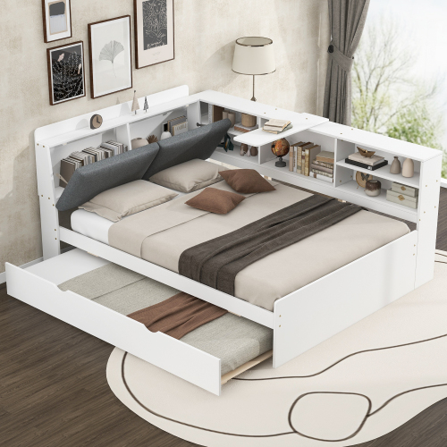 Wood Full Size platform bed with Trundle, Shelves and Storage Headboard, White - Solid Wood+MDF - Bedroom - Bed Frame - Box Spring Not Required