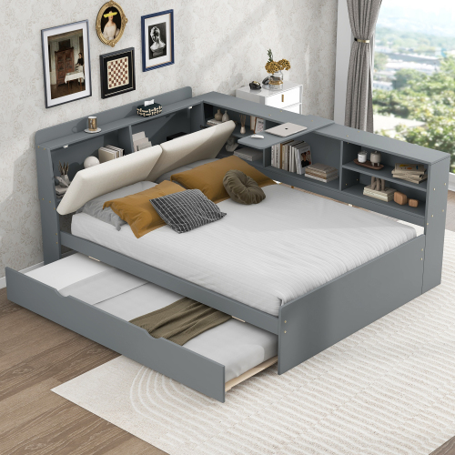 Wood Full Size platform bed with Trundle, Shelves and Storage Headboard, Gray - Solid Wood+MDF - Bedroom - Bed Frame - Box Spring Not Required