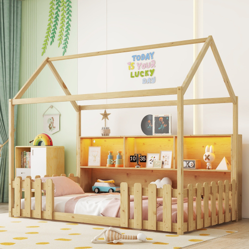 Twin Size House Bed with LED Light, Wood House Bed with Storage Bookshelf, Floor House Bed with Guardrails for Kids, Natural (Expect Arrival Date 2025/3/14) - Pine