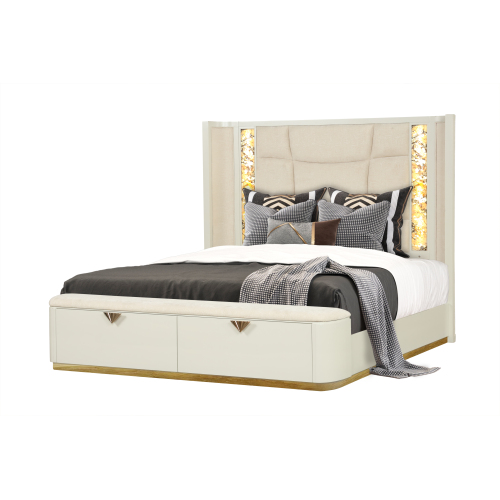 La Pierre Modern Style King Upholstered Bed Made with Wood, Footboard Drawers  and Gold Accents in Beige (NJ WAREHOUSE) - Solid Wood+MDF - Bedroom - Bed Frame - Box Spring Not Required - Polyester