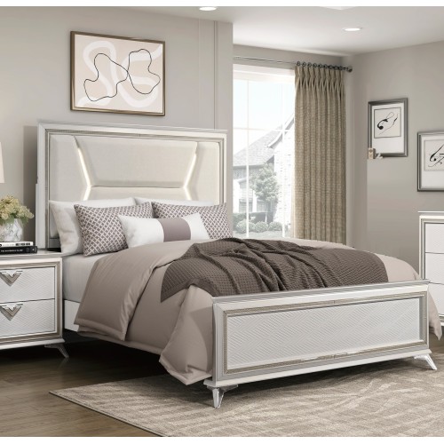 1pc Modern Luxury Queen Bed Upholstered Headboard with LED Lighting Wooden Bedroom Furniture Antique White Finish and Gold - Luxury,Modern - Box Spring Required