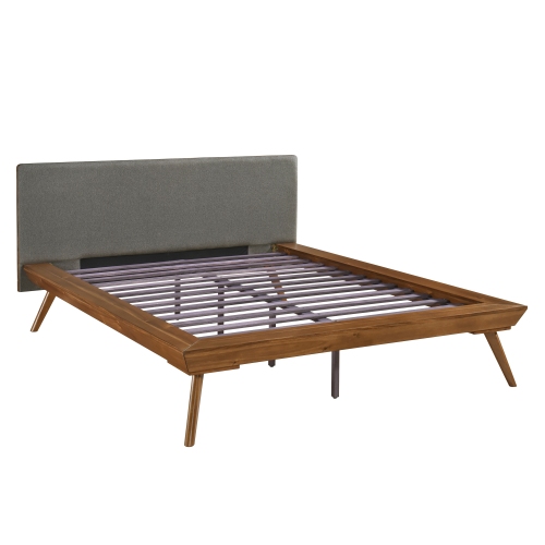 1pc Queen Platform Bed Upholstered Headboard Dark Gray Chestnut Finish Wooden Furniture - Chestnut,Dark Gray - Bedroom - Box Spring Not Required - Polyester