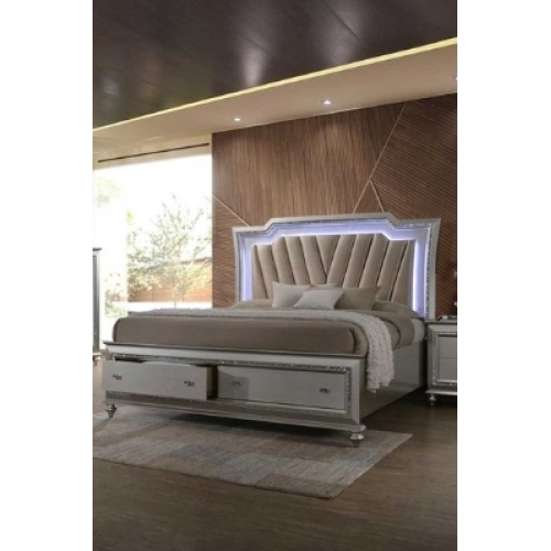 Kaitlyn Synthetic Leather & Champagne Finish Queen Bed W/Led & Storage (Queen) - Synthetic Wood
