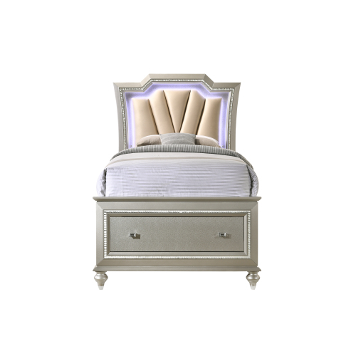 Kaitlyn Synthetic Leather & Champagne Finish Full Bed W/Led & Storage - Faux Leather,Synthetic Wood