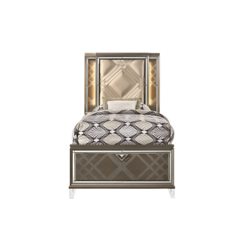 Skylar Synthetic leather & Dark Champagne Finish Full Bed W/Led & Storage - Faux Leather,Synthetic Wood