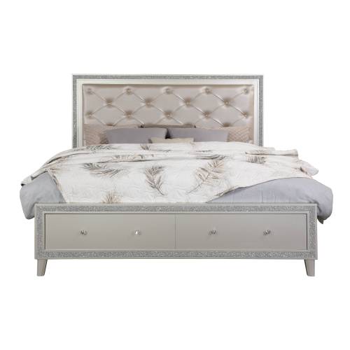 Sliverfluff Synthetic Leather & Champagne Finish CK Bed W/Led & Storages - Faux Leather,Synthetic Wood