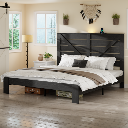 King Bed Frame Headboard , Wood Platform Bed Frame , Noise Free,No Box Spring Needed and Easy Assembly Tool,Large Under Bed Storage, Black - Metal & Wood - Metal & Wood - Bedroom - Box Spring Not Required - Brown