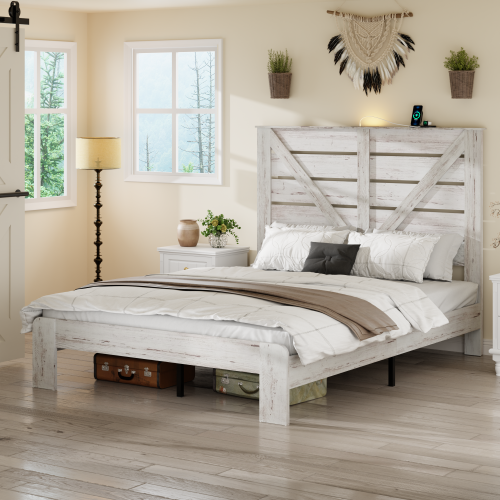 Full Bed Frame Headboard , Wood Platform Bed Frame , Noise Free,No Box Spring Needed and Easy Assembly Tool,Large Under Bed Storage,White - Metal & Wood - Bedroom - Box Spring Not Required - Brown