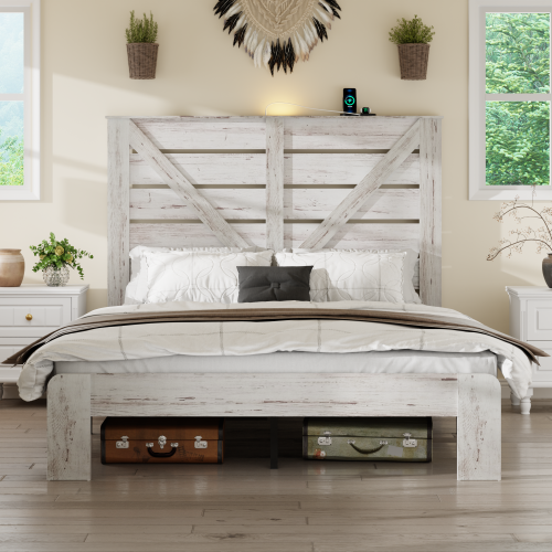 Queen Bed Frame Headboard , Wood Platform Bed Frame , Noise Free,No Box Spring Needed and Easy Assembly Tool,Large Under Bed Storage,White - Metal & Wood - Metal & Wood - Bedroom - Box Spring Not Required - Brown