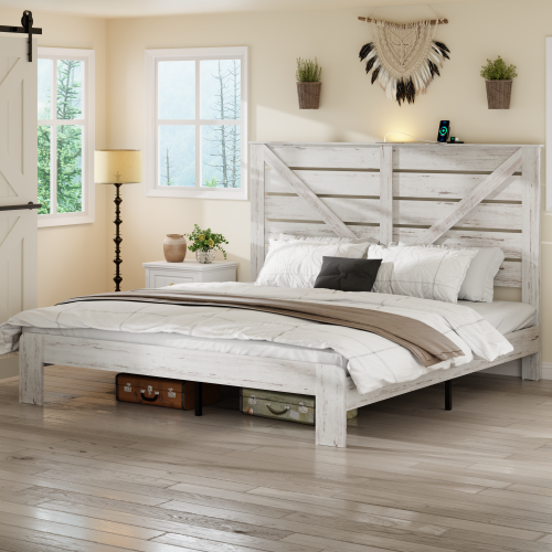 King Bed Frame Headboard , Wood Platform Bed Frame , Noise Free,No Box Spring Needed and Easy Assembly Tool,Large Under Bed Storage,White - Metal & Wood - Bedroom - Box Spring Not Required - Brown