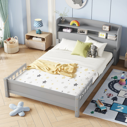 Full Pine Wood Bed with  Bookcase Headboard ,LED Motion Sensor Light,  Bed Guardrails,Grey