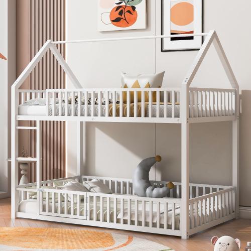 Metal Twin over Twin House Bunk Bed with Fence and Door, White - Bedroom - Box Spring Not Required