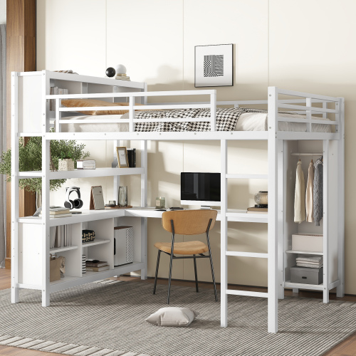 Metal Loft Bed with Wardrobe And L-shaped Desk, Queen Size Loft Bed with Storage Cubes and Shelves, Heavy Duty Loft Bed for Kids Teens Adults, White - Off White - Not Specified