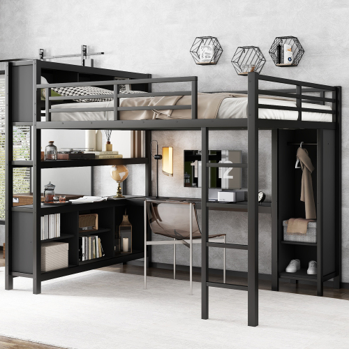 Metal Loft Bed with Wardrobe And L-shaped Desk, Queen Size Loft Bed with Storage Cubes and Shelves, Heavy Duty Loft Bed for Kids Teens Adults, Black - Not Specified