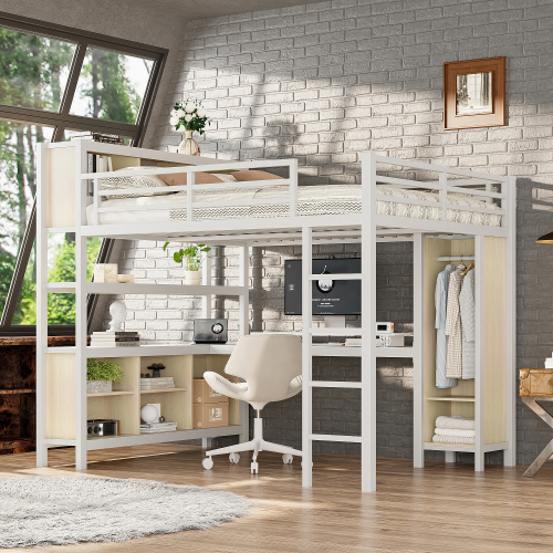 Metal Loft Bed with Wardrobe And L-shaped Desk, Queen Size Loft Bed with Storage Cubes and Shelves, Heavy Duty Loft Bed for Kids Teens Adults, White Wood-grain - White Straight Grain - MDF+Metal - MDF