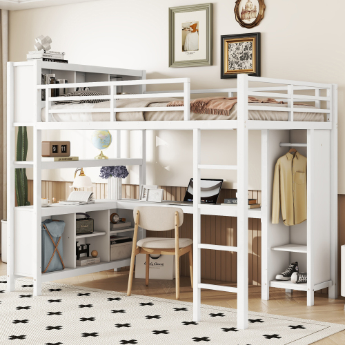 Metal Loft Bed with Wardrobe And L-shaped Desk, Full Size Loft Bed with Storage Cubes and Shelves, Heavy Duty Loft Bed for Kids Teens Adults, White - MDF,Metal