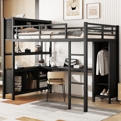 Metal Loft Bed with Wardrobe And L-shaped Desk, Full Size Loft Bed with Storage Cubes and Shelves, Heavy Duty Loft Bed for Kids Teens Adults, Black - MDF,Metal