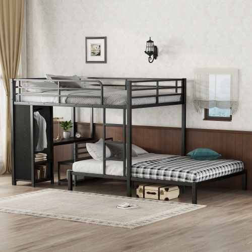 Queen over Queen Size Bunk Bed Frame with Built-in Wardrobe, Metal Bunk Bed with Desk and Storage Chairs, Black - MDF,Metal